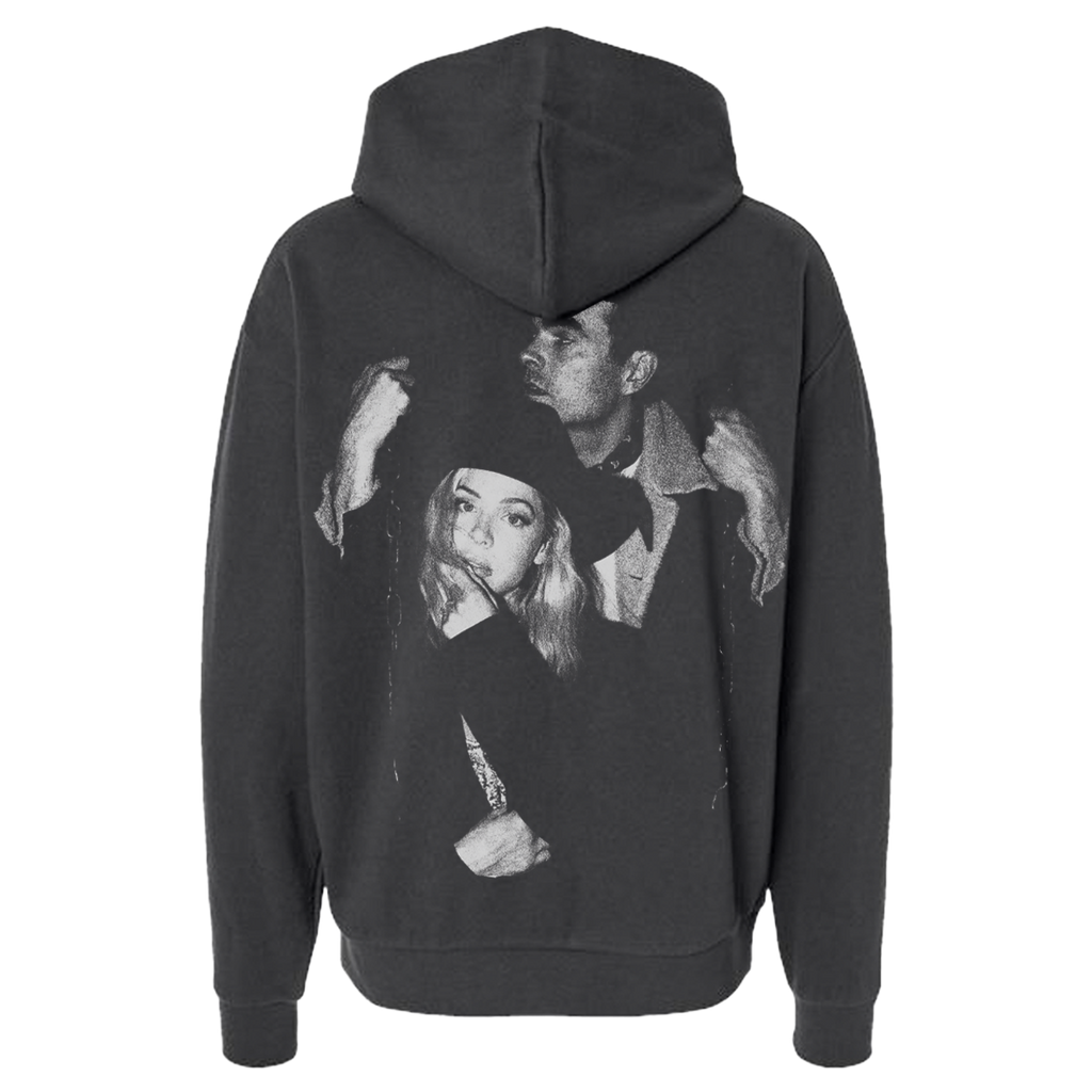 Black hoodie with a graphic of a man and woman on the back