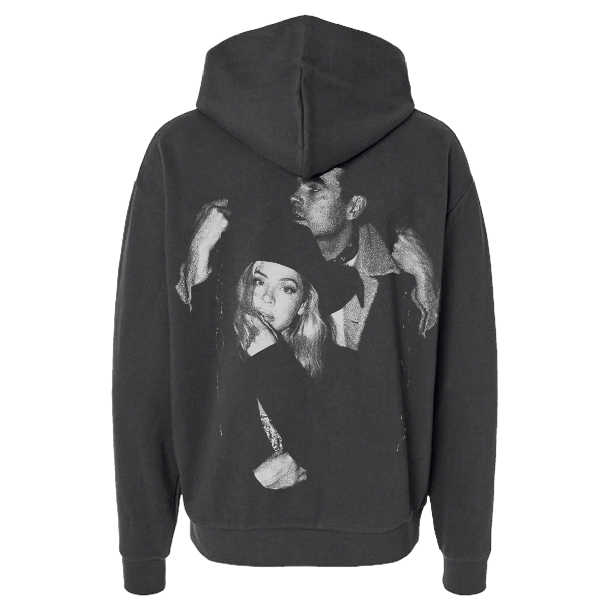 Black hoodie with a graphic of a man and woman on the back