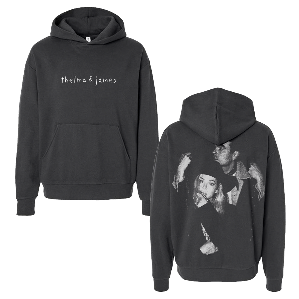 Black hoodie with 'thelma & james' text on front and image of Thelma & James on back.