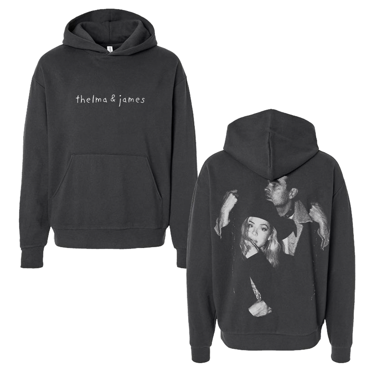 Black hoodie with 'thelma & james' text on front and image of Thelma & James on back.