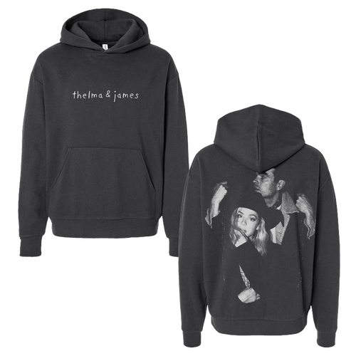 Black hoodie with 'thelma & james' text on front and image of Thelma & James on back.