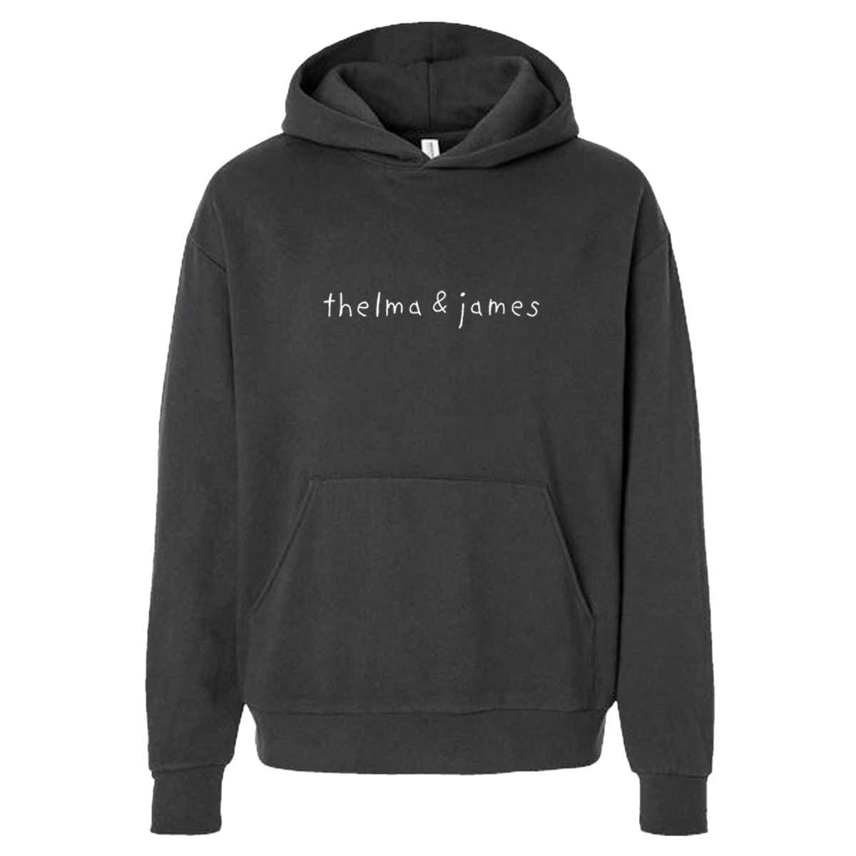 Black hoodie with 'thelma & james' text 