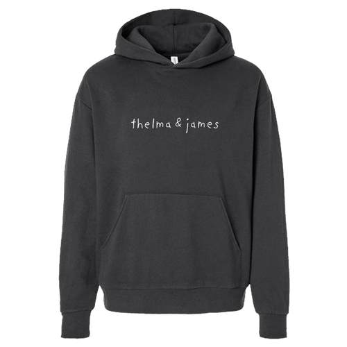 Black hoodie with 'thelma & james' text 